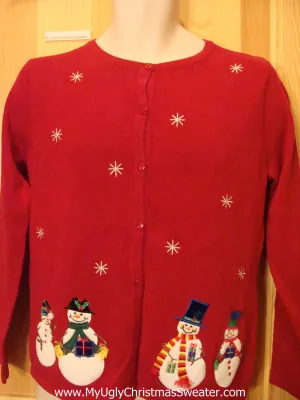 Tacky Cheap Ugly Red Sweater with Snowmen