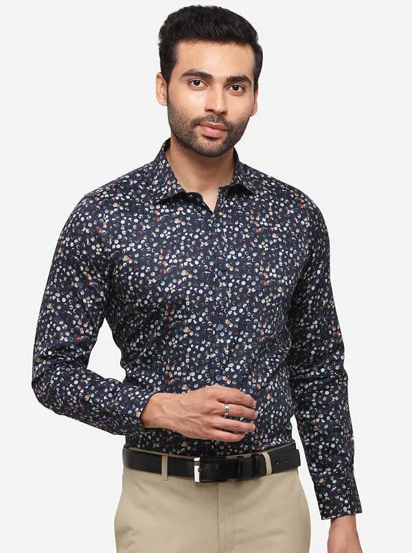 True Navy Printed Slim Fit Party Wear Shirt | Wyre