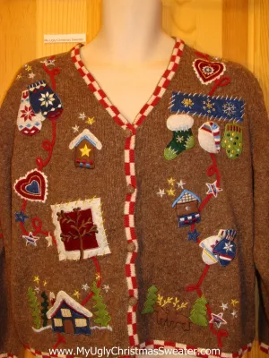 Ugly Brown Sweater with Mittens and Hearts