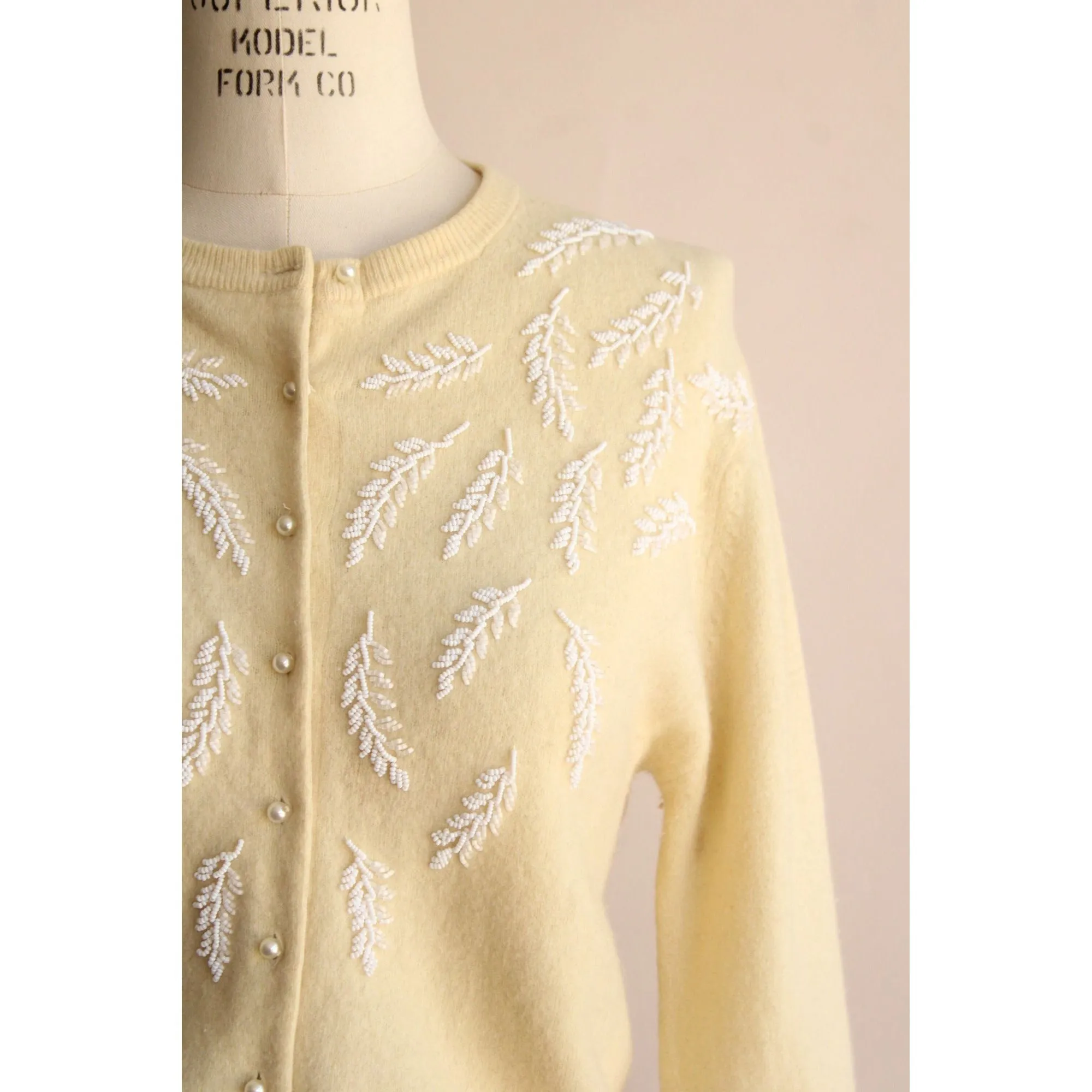 Vintage 1960s Ivory Wool Beaded Cardigan