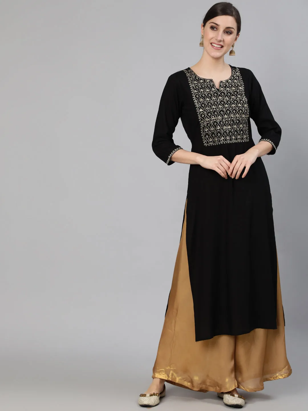 Women Black Embroidered Straight Kurta With Three Quarter Sleeves