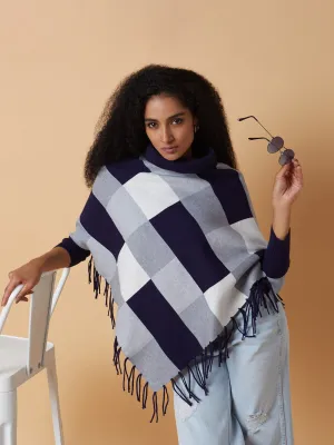 Women Checked Navy Blue Longline Poncho