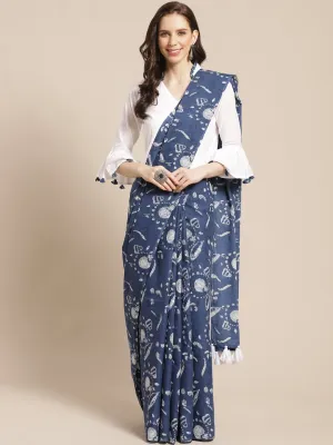 Women White Printed Saree With Solid White 3/4Th Sleeve Bell Sleeve Blouse