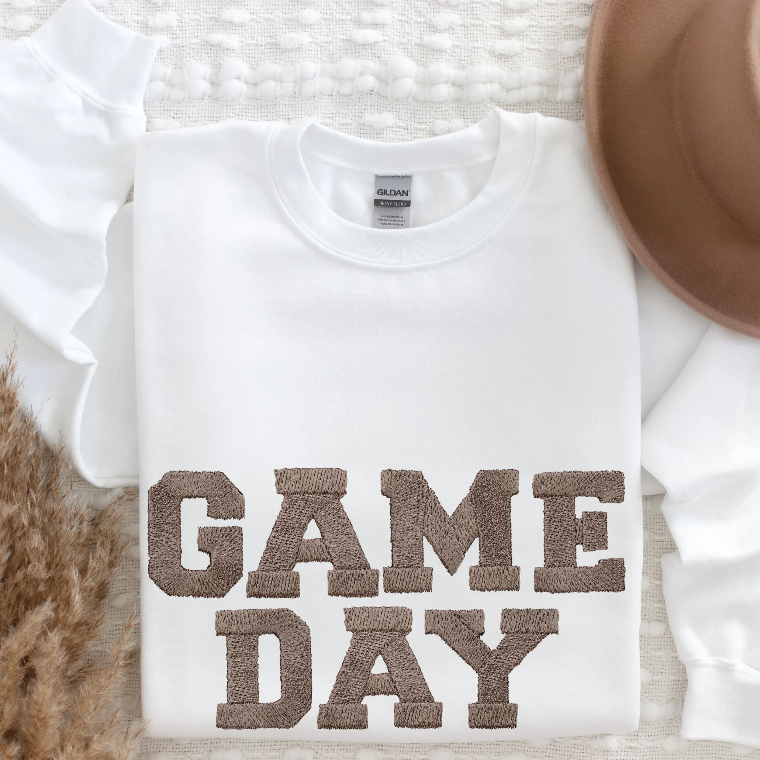 Women's Game Day Heavy Blend™ Crewneck Sweatshirt Faux Embroidery Ink Graphic Game Day Design Cozy Navy, Black, Ash or Sand Pullover