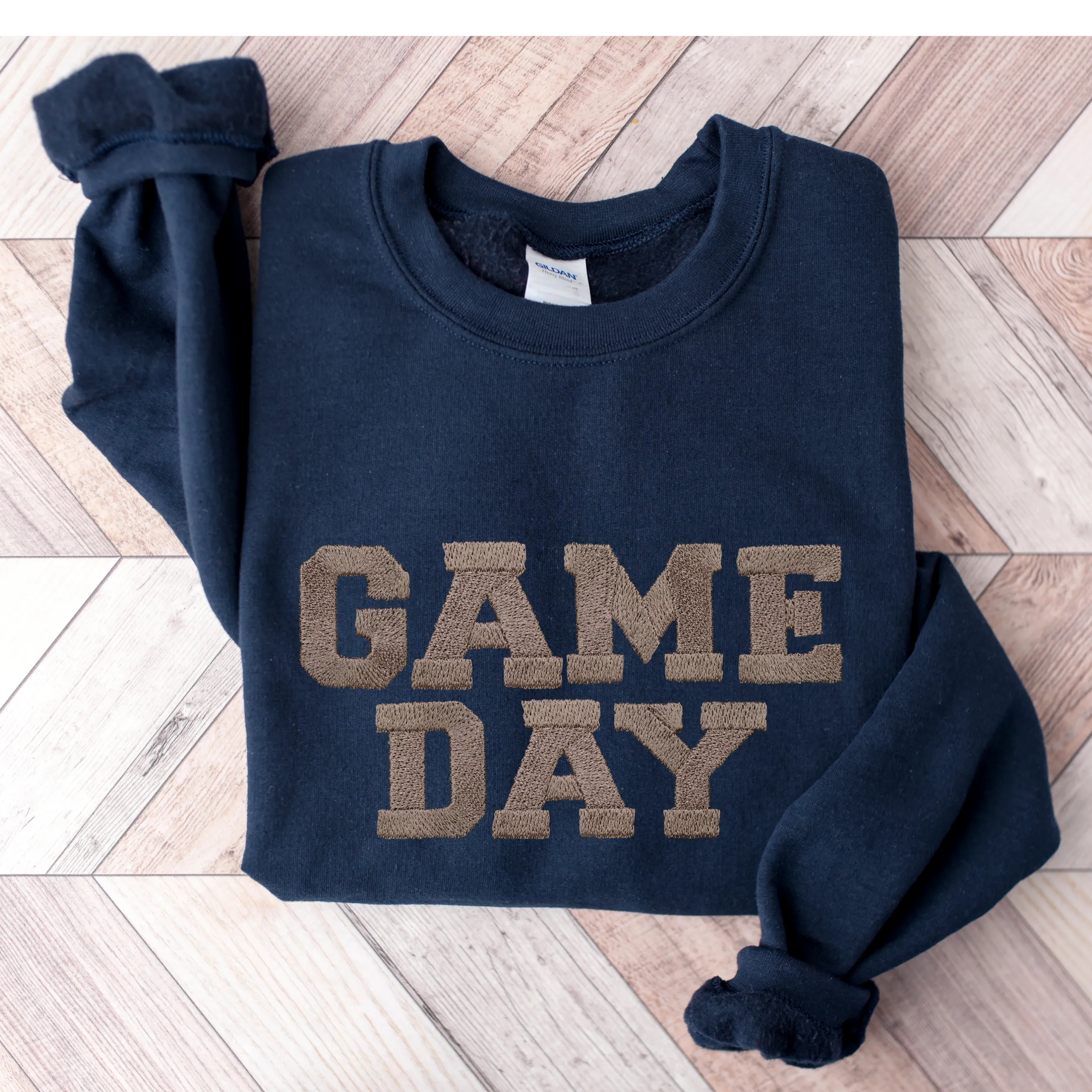 Women's Game Day Heavy Blend™ Crewneck Sweatshirt Faux Embroidery Ink Graphic Game Day Design Cozy Navy, Black, Ash or Sand Pullover