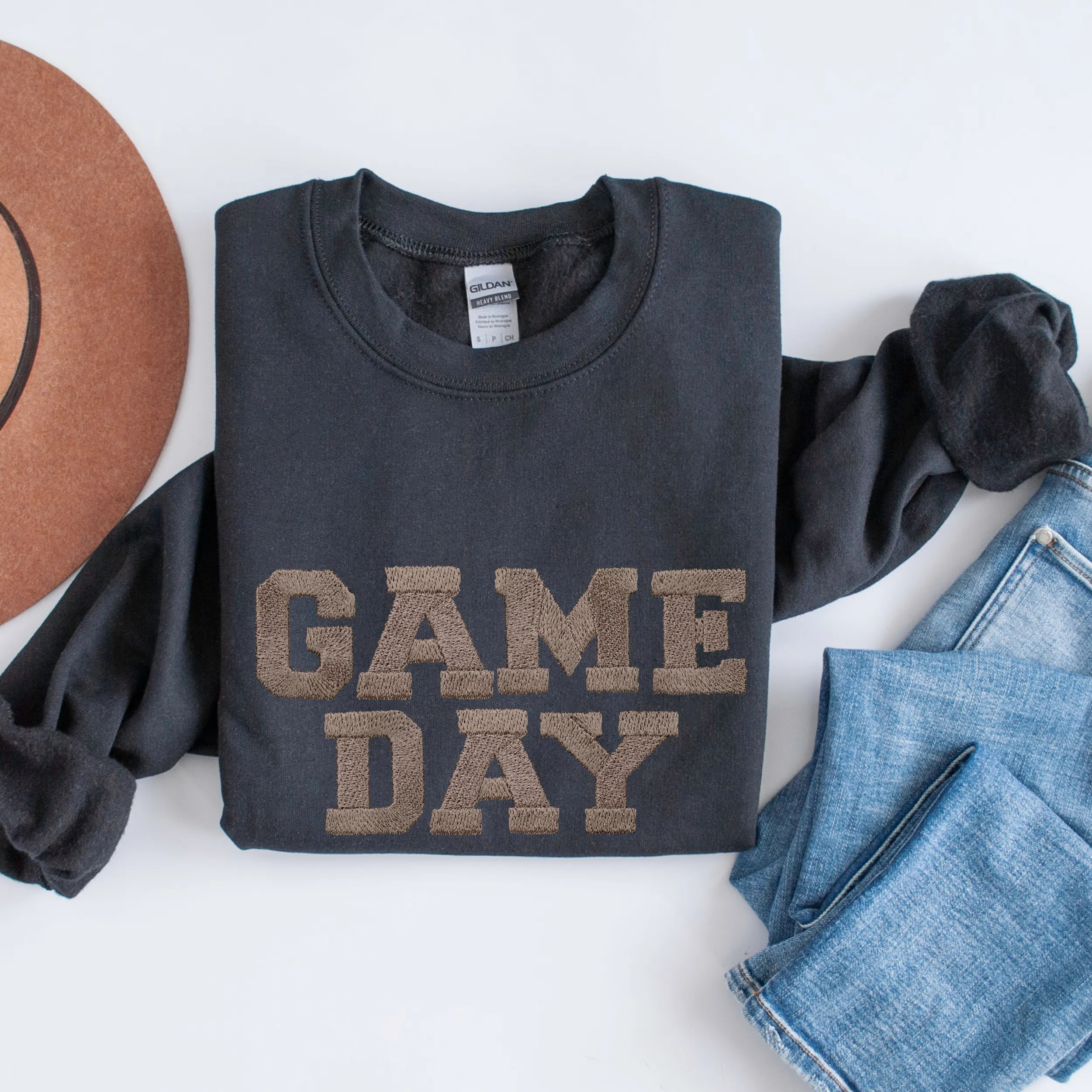 Women's Game Day Heavy Blend™ Crewneck Sweatshirt Faux Embroidery Ink Graphic Game Day Design Cozy Navy, Black, Ash or Sand Pullover